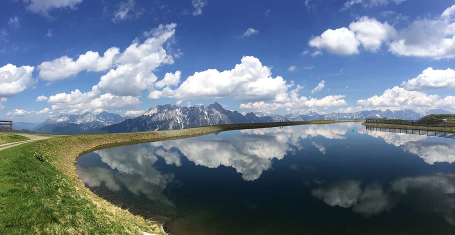 Summer, Mountains, Clouds, Storage Pond, saalbach, sky, nature HD wallpaper