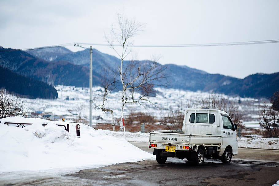mountain, highland, snow, winter, sky, tree, road, street, car HD wallpaper