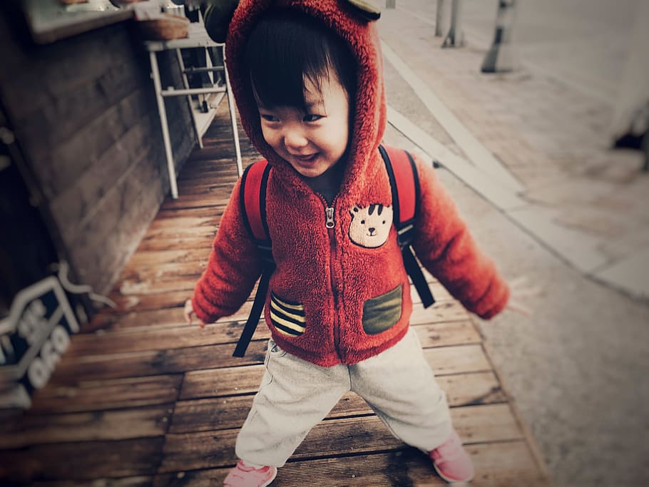 Boy's Orange Zip Up Jacket, Asian, baby, child, cute, excited