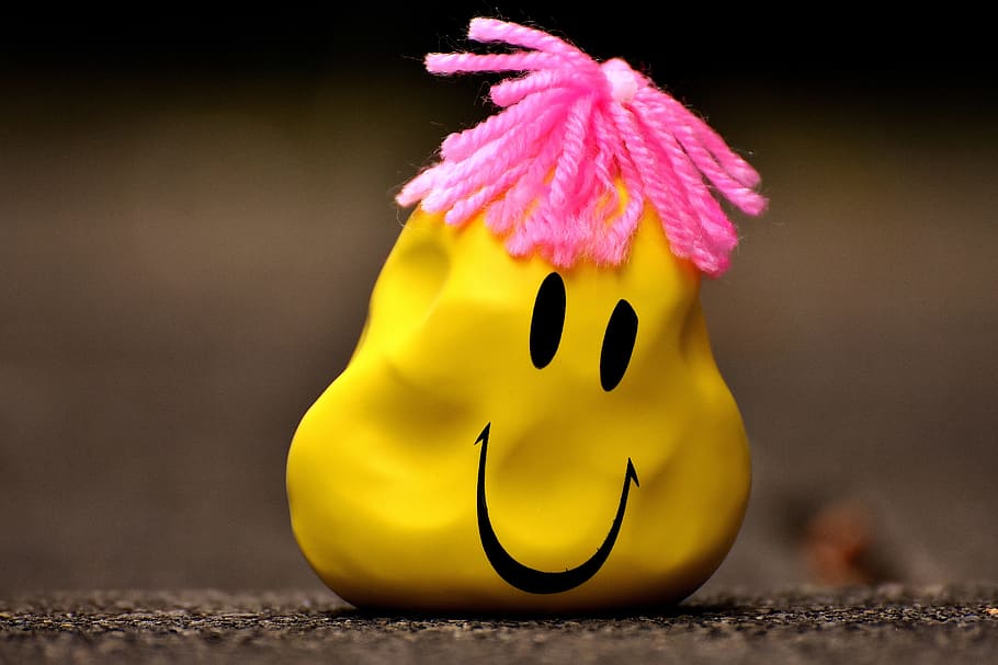 yellow balloon with pink yarn thread, Anti, Stress Ball, Smiley
