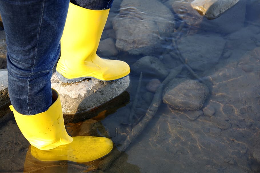 person wearing pair of yellow rain boots, Rubber Boots, River, HD wallpaper