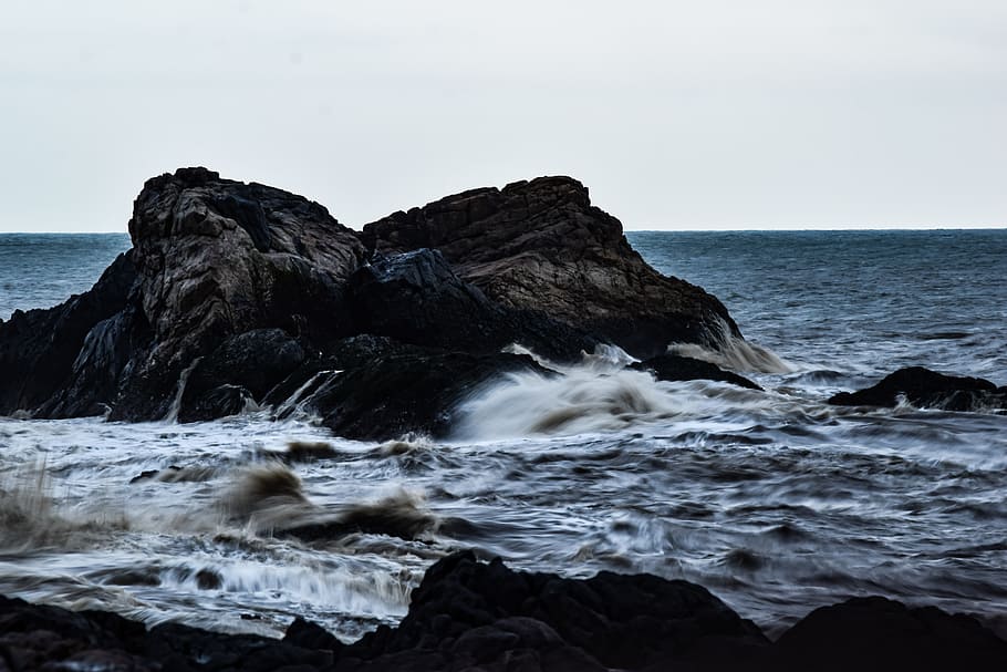 ocean, moody, waves, rock, sea, weather, storm, dark, dramatic