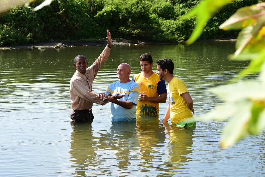 four men on body of water, cuban, river, baptism, group of people HD wallpaper