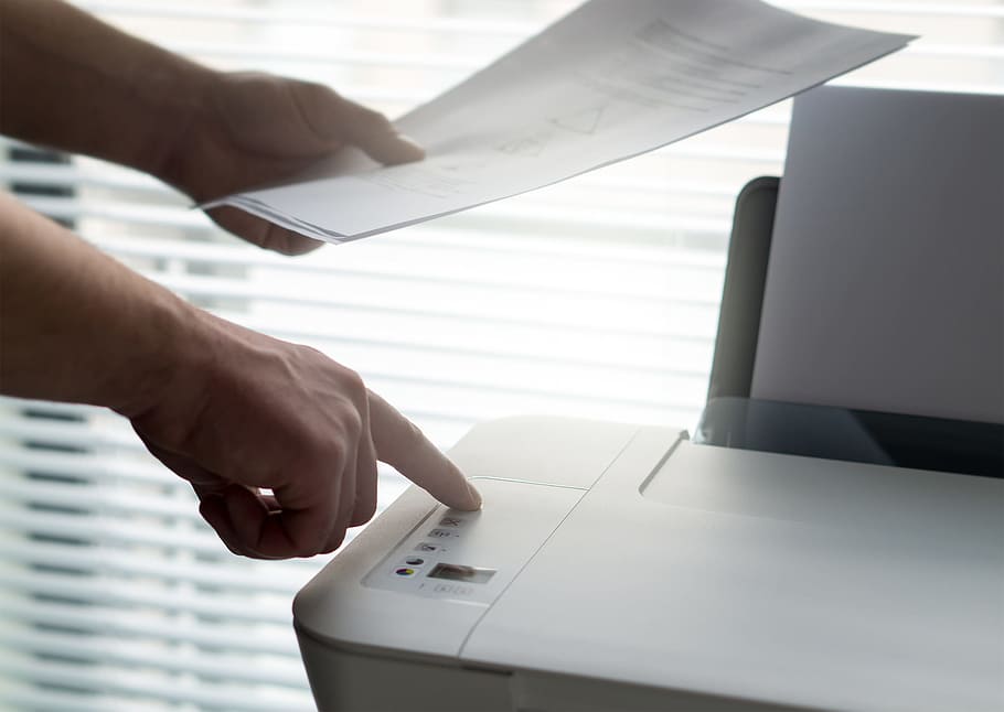 white desktop printer, 3-in-1, using, operate, use, press, button
