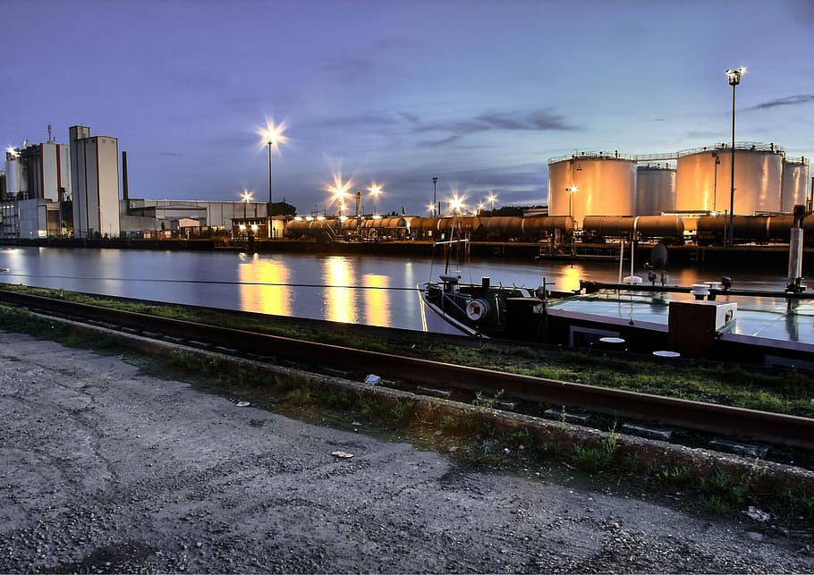 Gelsenkirchen, City ​​Harbor, rhine herne canal, dusk, industry, HD wallpaper
