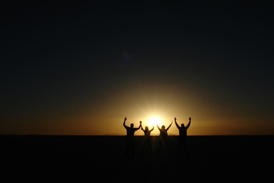 silhouette of four person raising hand during sunset, setting sun, HD wallpaper