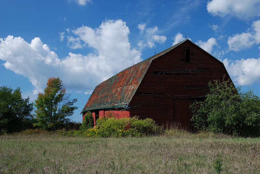 barn, old, red, sky, farm, summer, agriculture, farming, building HD wallpaper