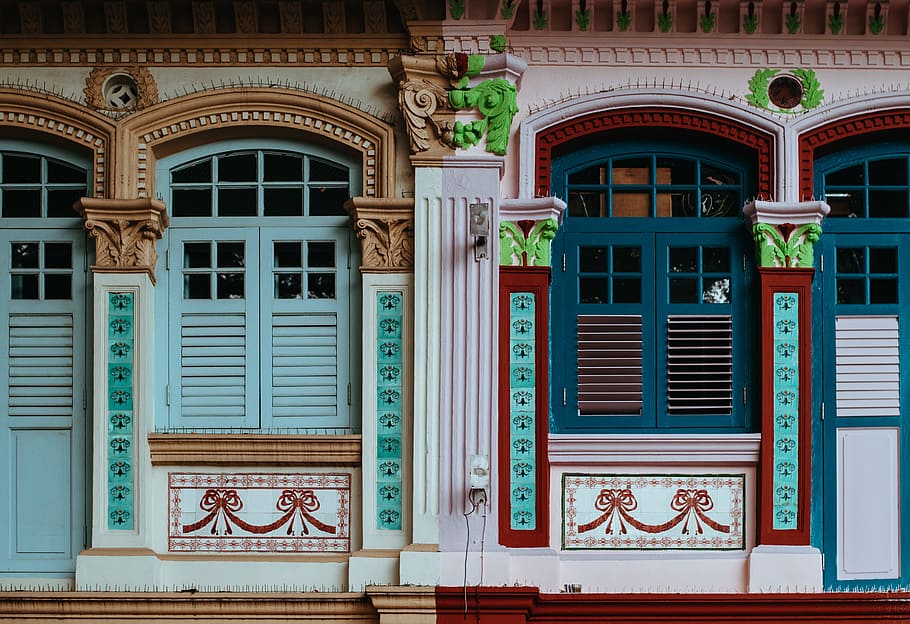 closed windows of house, two closed blue doors, Colourful, shutters HD wallpaper
