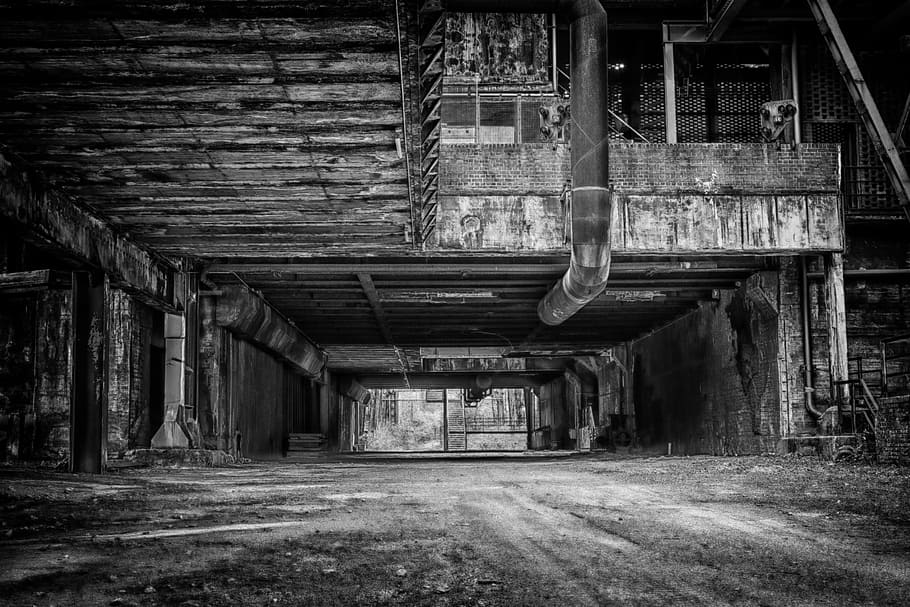 grayscale photo of factory, lost places, tunnel, dark, weird, HD wallpaper