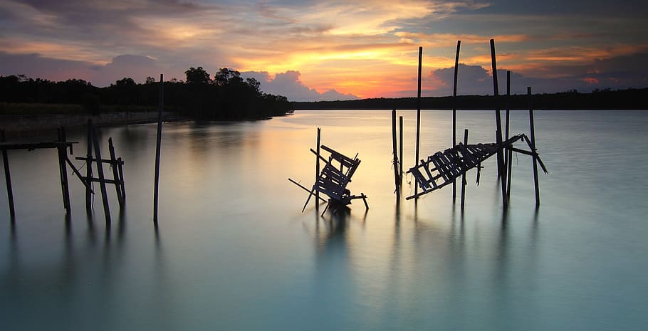 beach, boardwalk, broken, damage, dawn, dock, dusk, evening HD wallpaper