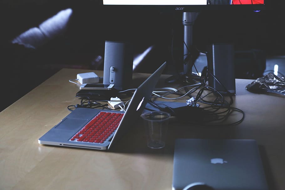 silver MacBook on table, startup, start-up, notebooks, creative HD wallpaper