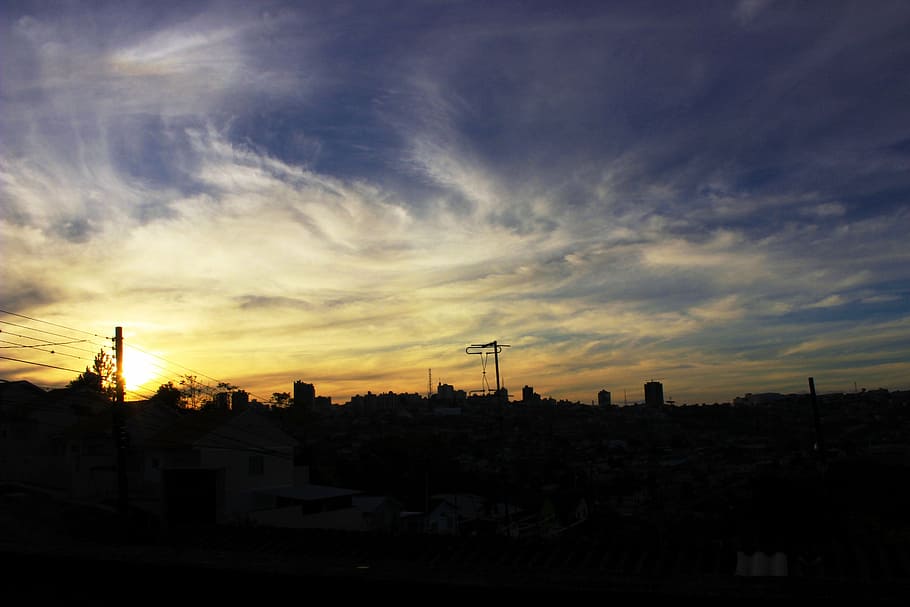 sunset, sol, clouds, sky, city, lights, artistic, city night HD wallpaper