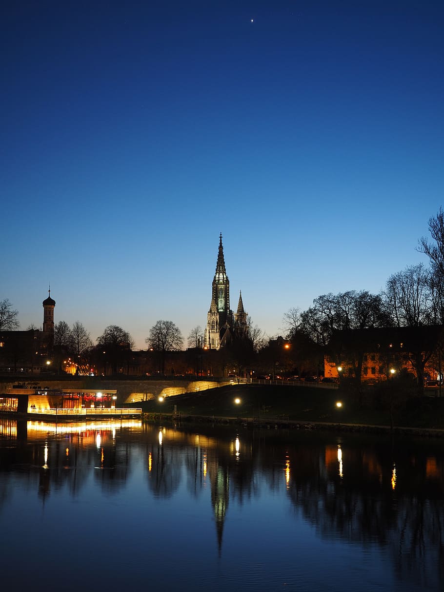 ulm, danube, at night, evening, mood, river, water, münster HD wallpaper