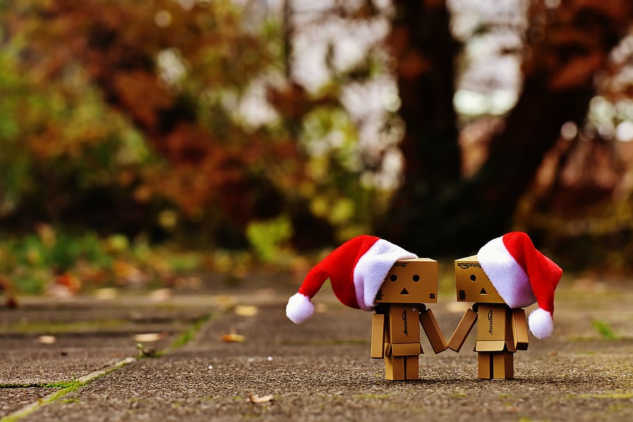 danbo, christmas, figure, together, hand in hand, love, togetherness, HD wallpaper