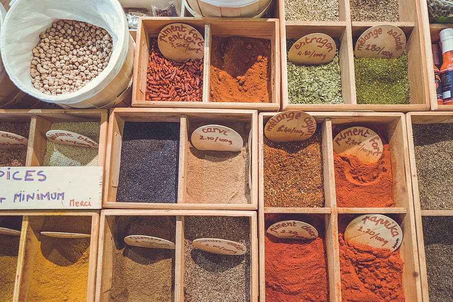 photo of assorted-color powders spices, assortment, box, collection HD wallpaper