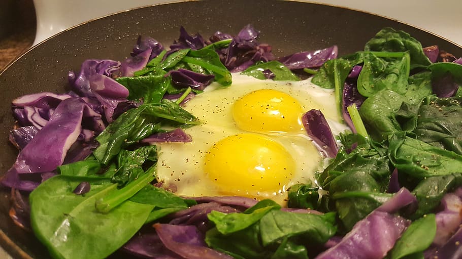 cooking, breakfast, eggs, yolk, cabbage, purple, food, spinach HD wallpaper