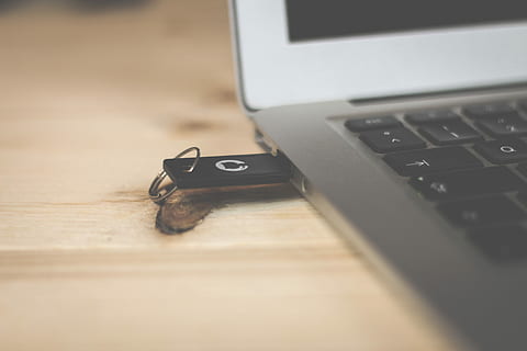 black USB flash drive, USB flash drive mounted on laptop, work HD wallpaper