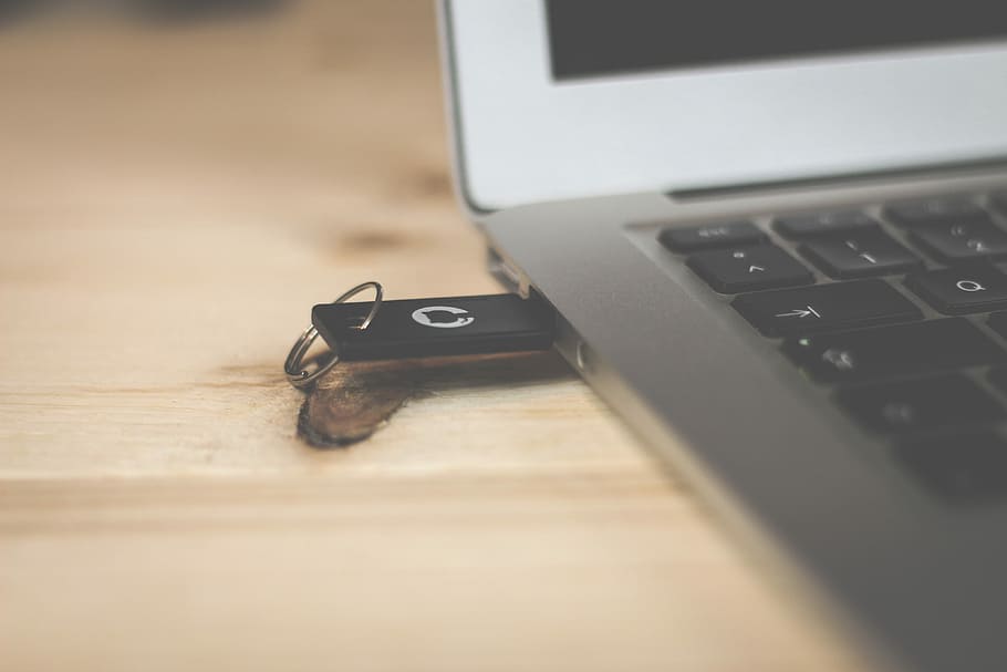 black USB flash drive, USB flash drive mounted on laptop, work HD wallpaper