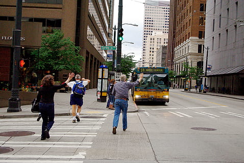 Bus, Seattle, running, late, stopping, downtown, bus stop, commute HD wallpaper