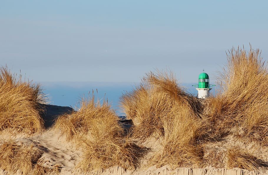 nature, lighthouse, warnemünde, sky, land, plant, grass, no people HD wallpaper