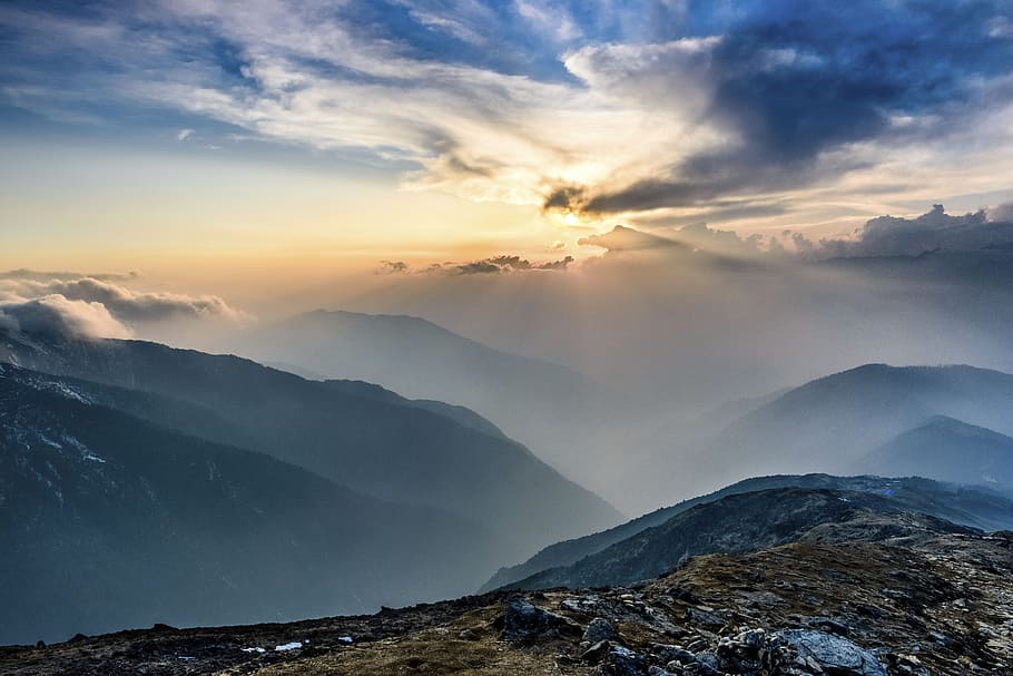 black mountains during daytime, nature, landscape, sunset, clouds HD wallpaper