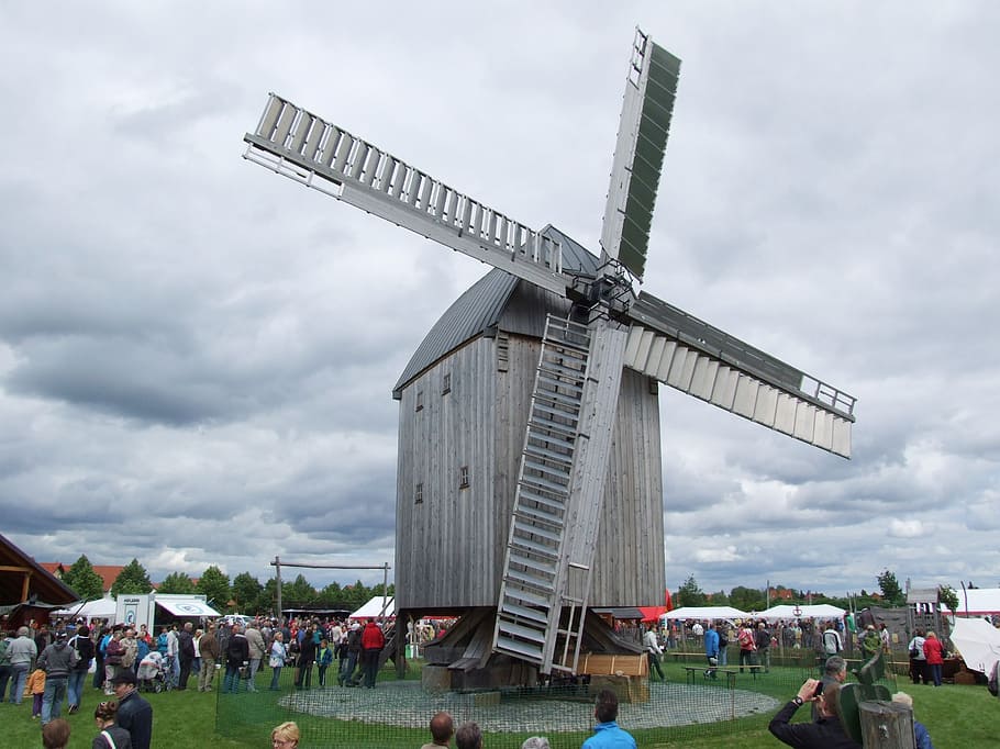 windmill, building, pinwheel, wing, flour mill, autumn, human HD wallpaper