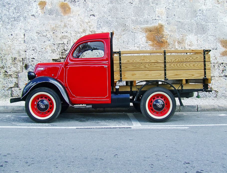 red stake truck on road, red truck old truck, vintage truck, ford truck, HD wallpaper