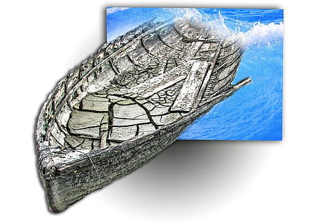 gray boat and waves painting, old, ship, mud, broken, abandoned HD wallpaper