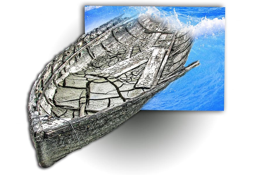 gray boat and waves painting, old, ship, mud, broken, abandoned HD wallpaper