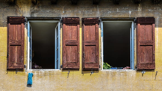 two brown wooden French-window doors, open, old, pane, facade HD wallpaper