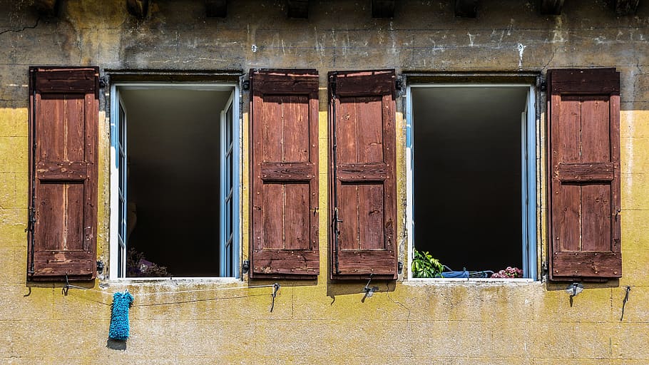 two brown wooden French-window doors, open, old, pane, facade, HD wallpaper