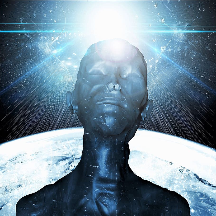 sunlight over man bust statuette, alien, atmosphere, aliens HD wallpaper