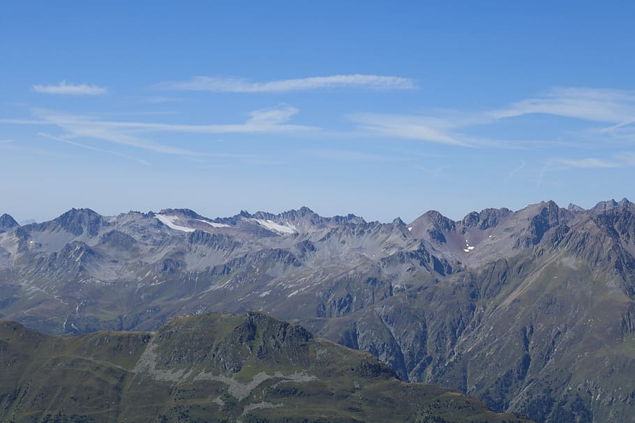 mountains, panorama, alpine, landscape, sun, back light, hiking HD wallpaper