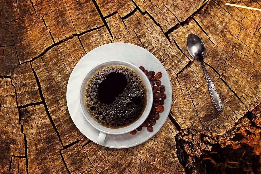 black coffee in white ceramic cup, coffee cup, drink, beans, coffee beans, HD wallpaper