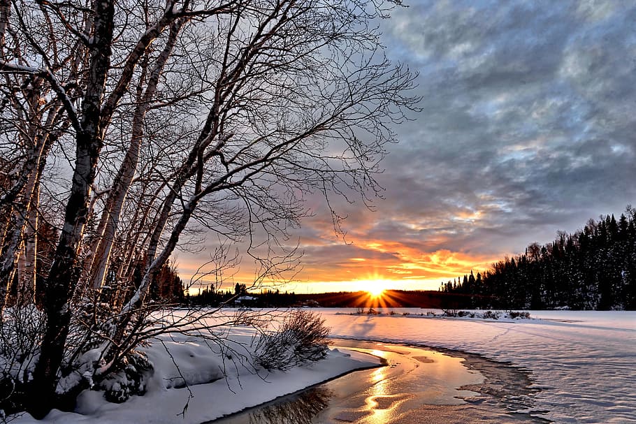snow during sunset, winter landscape, twilight, cold, lying sun HD wallpaper