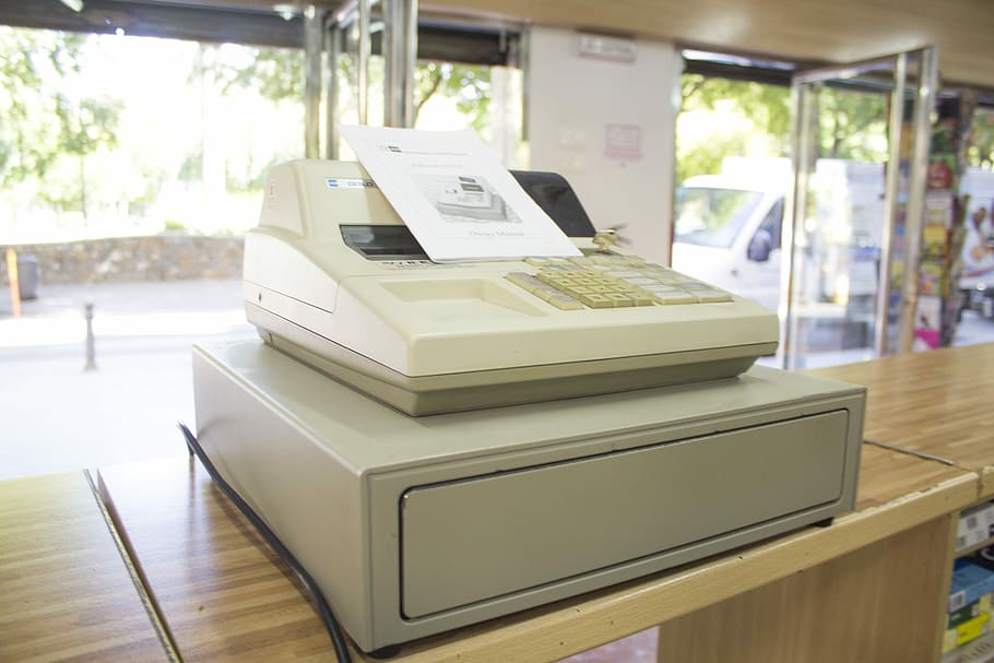 white cash register placed on wooden counter, Register, Machine HD wallpaper