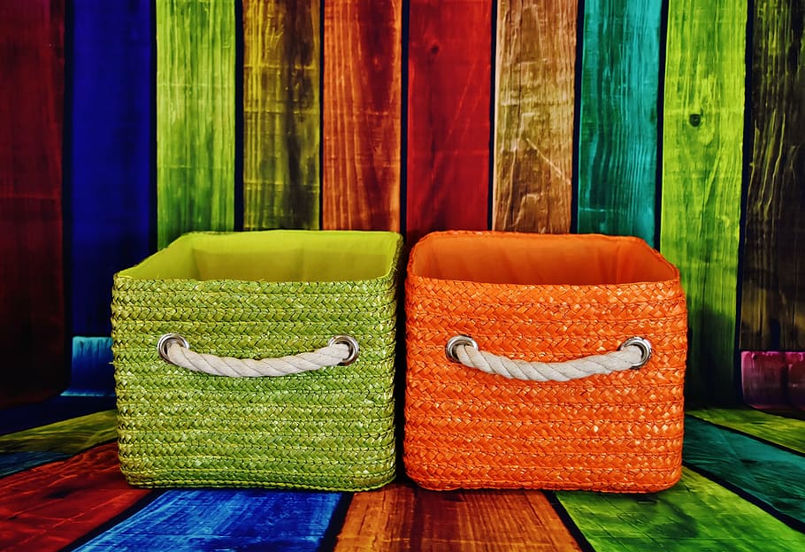 two green and orange fabric baskets on multicolored wooden pallets, HD wallpaper
