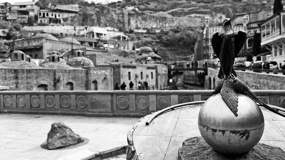 Tbilisi, City, Eagle, Statue, abanotubani, georgia, black And White HD wallpaper