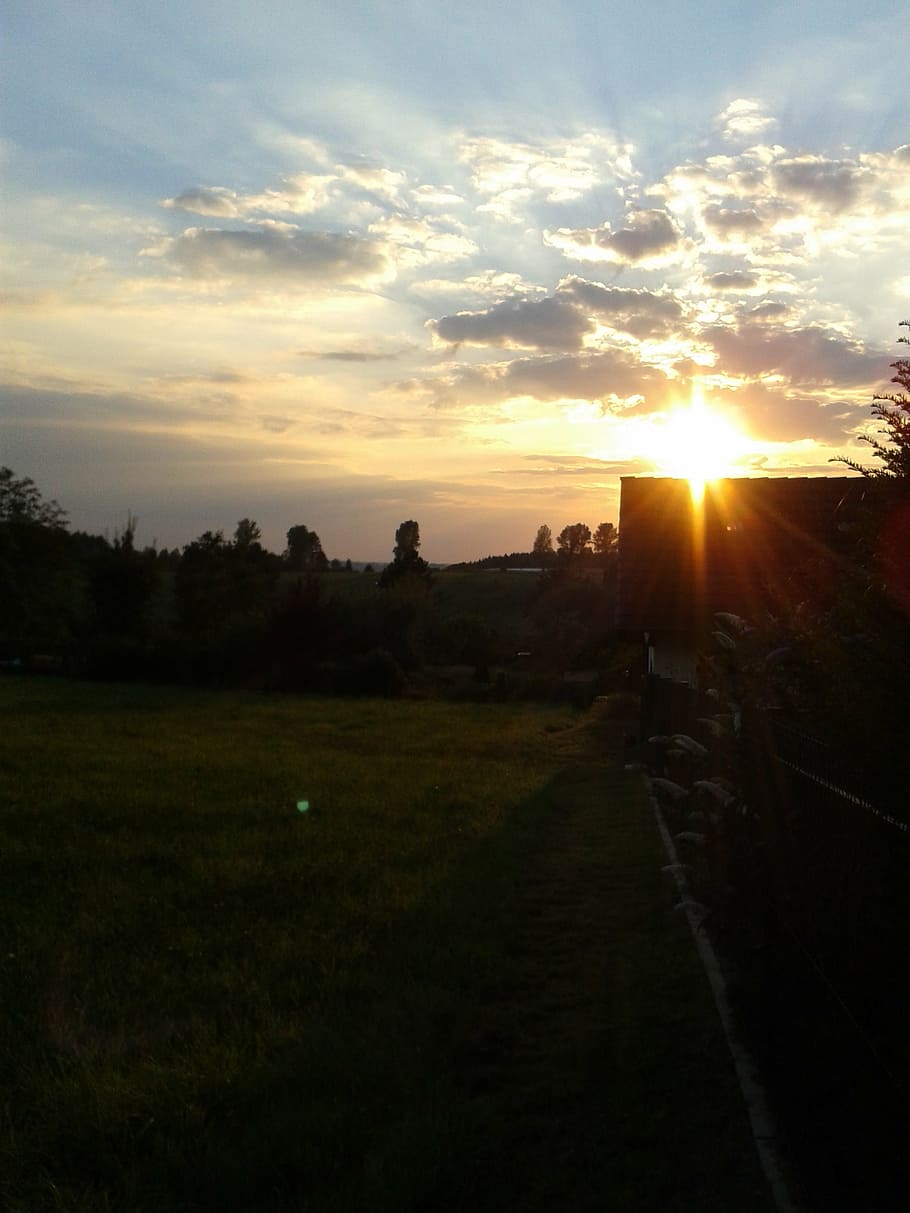 sunset, clouds, landscapes, sky, village, cloud - sky, lens flare HD wallpaper