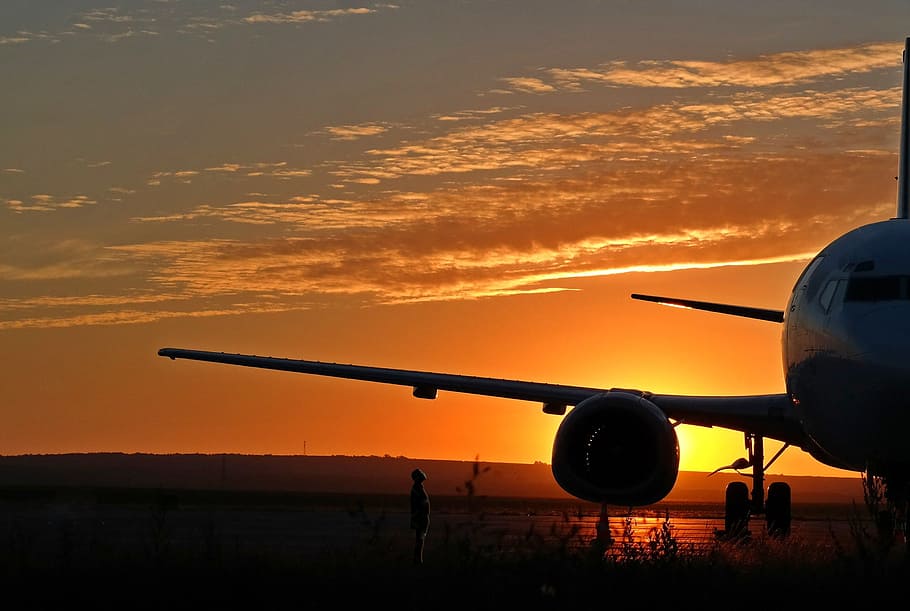 silhouette of airplane during dusk, aircraft, airport, sunrise, HD wallpaper