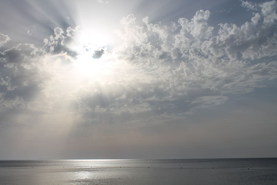 clouds, sea, horizon, sun, ocean, mediterranean, sunbeam, sky HD wallpaper