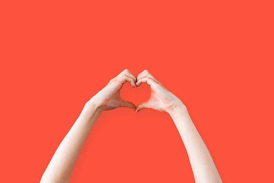 Female Hands Love Heart Symbol, hearts, orange, romantic, room for text, HD wallpaper