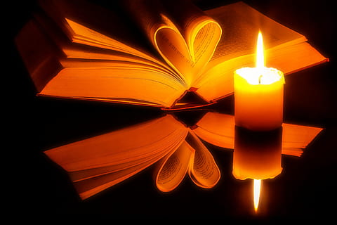 yellow candle beside of book, pages, open, heart, book pages HD wallpaper