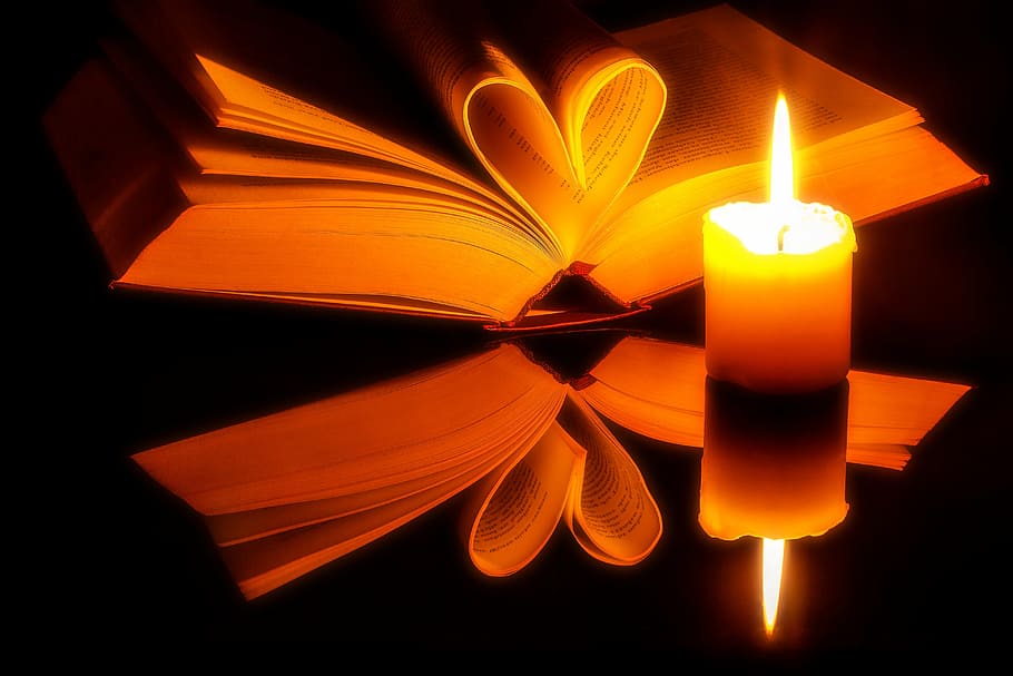 HD wallpaper: yellow candle beside of book, pages, open, heart, book pages  | Wallpaper Flare