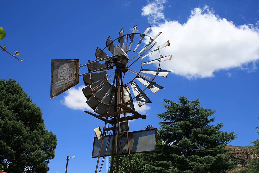 Windmill, Blue Sky, Clouds, Trees, outside, energy, power, rural HD wallpaper