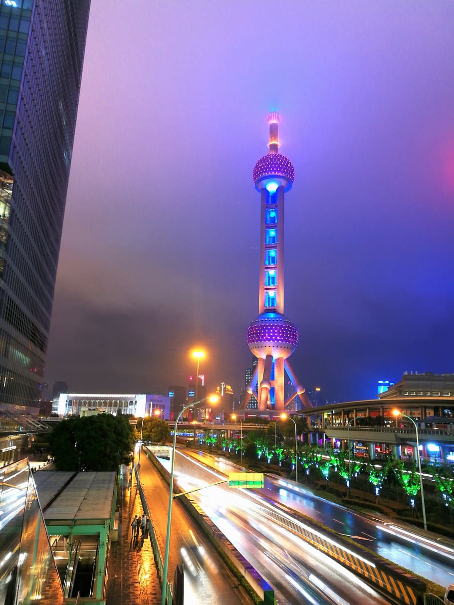 shanghai, night view, pearl of the orient, illuminated, architecture, HD wallpaper
