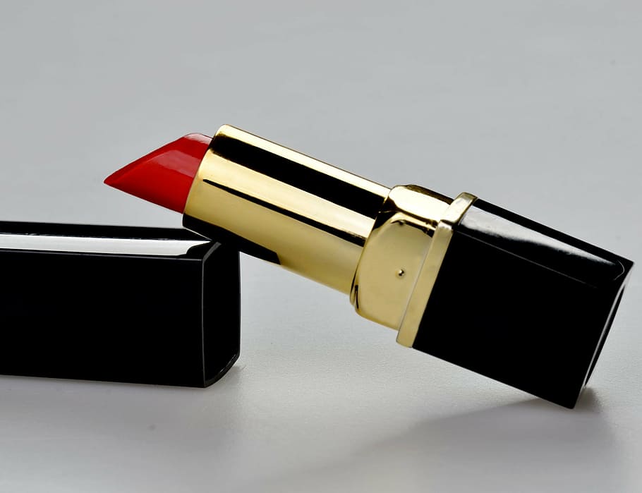 slanted red lipstick on box, plastic, reflector, makeup, gold colored HD wallpaper