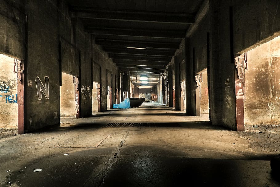 empty brown concrete hallway, lost places, factory, old, leave