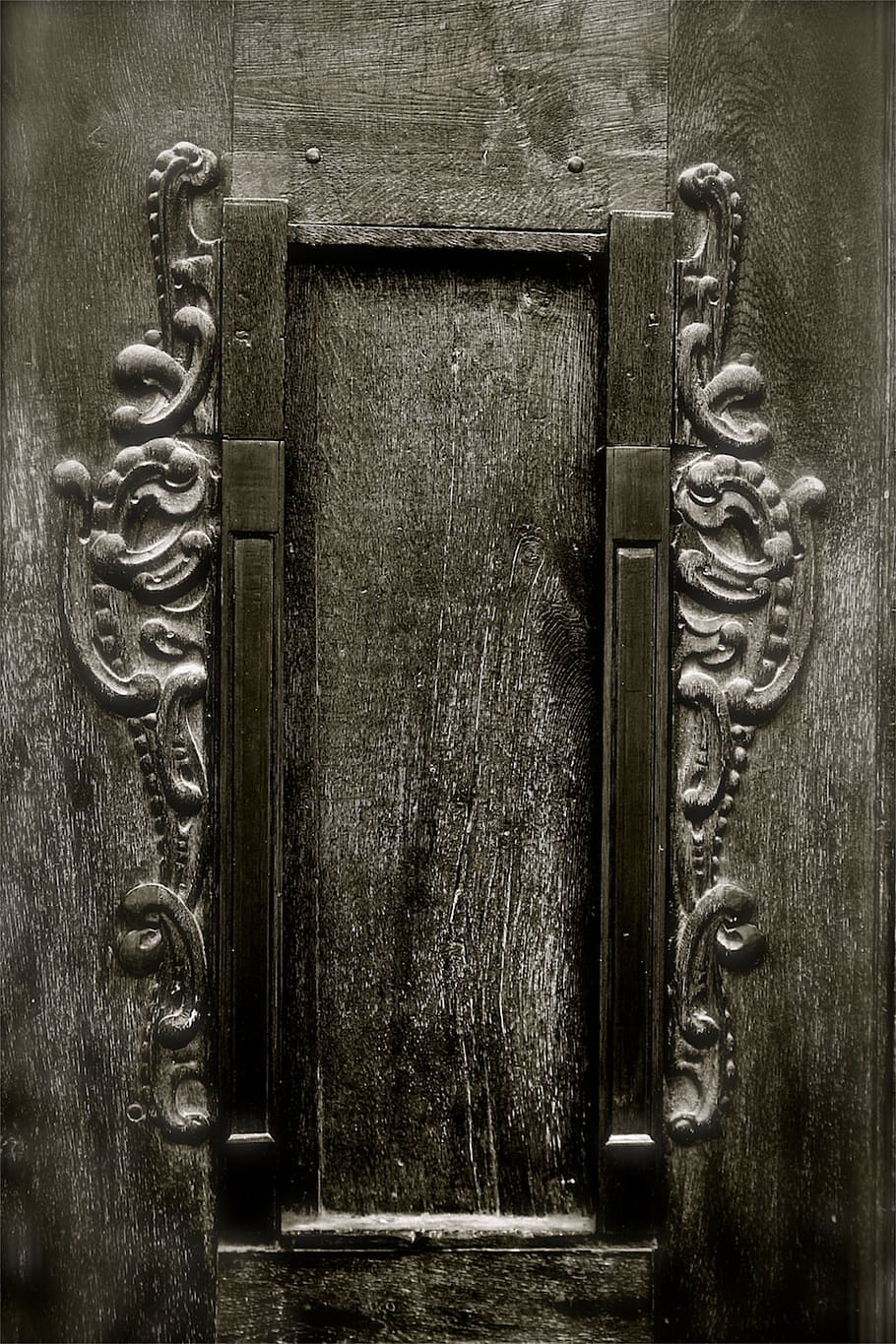 black wooden panel, doors, black and white, grey, gray, closed
