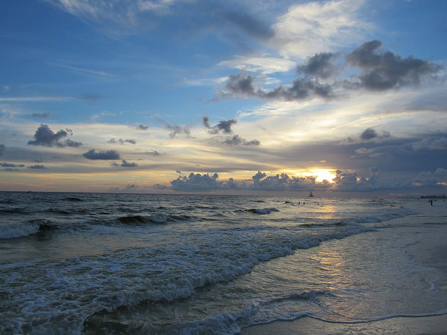 Sunset, Clouds, Beach, Water, Waves, beautiful, sea, nature HD wallpaper